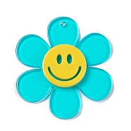 Transparent Acrylic Big Pendants, Sunflower with Smiling Face Charm, Dark Turquoise, 55x50.5x6mm, Hole: 2.5mm(OACR-P012-A07)