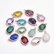 Glass Pendants, with Brass Findings, Faceted Oval, Golden, Mixed Color, 20x12x6~6.5mm, Hole: 2mm(GLAA-E025-01)