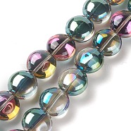 Transparent Electroplate Glass Bead Strands, Half Rainbow Plated, Flat Round, Colorful, 12x8mm, Hole: 1.2mm, about 50pcs/strand, 24.41''(62cm)(X-EGLA-P049-01A-HP01)