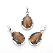 Natural Tiger Eye Pendants, with Brass Findings, teardrop, Platinum, 26x16~17x8~10mm, Hole: 8x5mm(G-L512-C10)