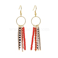 Natural Red Agate & Glass Seed Beaded Tassel Earrings,  Dangle Earrings for Women, Real 18K Gold Plated, 77.8mm, Pin: 0.7mm(EJEW-JE04805)