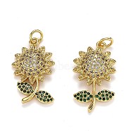 Brass Micro Pave Cubic Zirconia Pendants, Long-Lasting Plated, with Jump Ring, Sunflower, Real 18K Gold Plated, 25x14x6.5mm, Jump Ring: 5x1mm, Hole: 3mm(X-ZIRC-L100-039G)