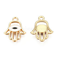 Light Gold Plated Alloy Pendants, with Enamel, Hamsa Hand/Hand of Miriam with Evil Eye, White, 20x15.5x2.5mm, Hole: 2mm(ENAM-T009-17D)