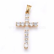 304 Stainless Steel Pendants, with Cubic Zirconia, Cross, Clear, Golden, 38x22x4mm, Hole: 5x7mm(STAS-E439-77G)