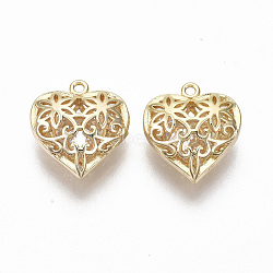 Brass Charms, with Cubic Zirconia inside, Hollow, Nickel Free, Heart, Real 18K Gold Plated, Clear, 15x13.5x6.5mm, Hole: 1.2mm(X-KK-R132-017-NF)