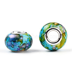 Opaque Resin European Beads, Imitation Crystal, Two-Tone Large Hole Beads, with Silver Tone Brass Double Cores, Rondelle, Dark Turquoise, 14x9.5mm, Hole: 5mm(RPDL-T003-09H)