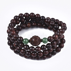 Feng Shui 4-Loop Wrap Style Buddhist Jewelry, Sandalwood Mala Bead Bracelets, with Jade Beads, Stretch Bracelets, Round, Pixiu, Coconut Brown, 32.2 inch(82cm)(BJEW-T009-01)