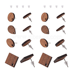 Coconut Brown Wood Stud Earring Findings, with Loop, Alloy Earring Pin and Plastic Ear Nuts, Mixed Shapes, Platinum, Stud Earring Findings: 16pcs/set, Ear Nuts: 100pcs/set(EJEW-TA0010-06P)