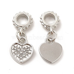 Rack Plating Alloy Rhinestone European Dangle Charms, Large Hole Charms, Heart, Platinum, Crystal, 23mm, Heart: 11.6x10x1.6mm, Hole: 4.5mm(PALLOY-P289-14P-02)