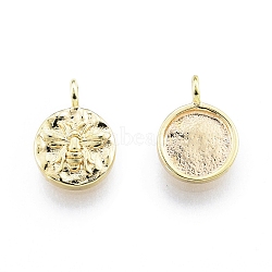 Ion Plating(IP) Brass Charms, Flat Round with Bee, Real 18K Gold Plated, 10x7x3mm, Hole: 1.5mm(KK-C006-03G)