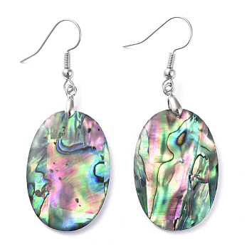 Abalone Shell/Paua Shell Dangle Earrings, with Brass Ice Pick Pinch Bails and Earring Hooks, Oval, Platinum, 53mm, Pin: 0.7mm
