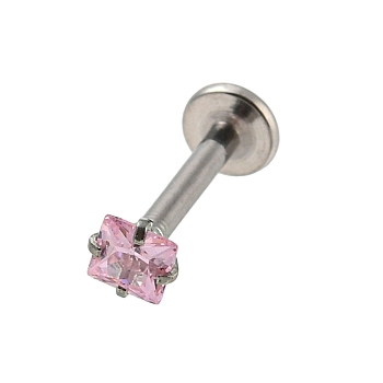 304 Stainless Steel Stud Earrings, Square Cubic Zirconia Cartilage Earrings, Pink, 11x4mm, Square: 3.5x3.5mm