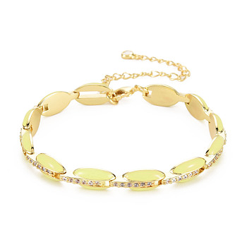 Brass Micro Pave Cubic Zirconia Link Chain Bracelet for Women, Enamel Oval Bracelets, Nickel Free, Real 18K Gold Plated, Yellow, 6-7/8 inch(17.5cm), 7mm