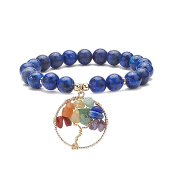 Natural Lapis Lazuli(Dyed) Stretch Bracelet, Yoga Chakra Mixed Gemstone Chips Tree of Life Charms Bracelet for Women, Inner Diameter: 2 inch(5.2cm)