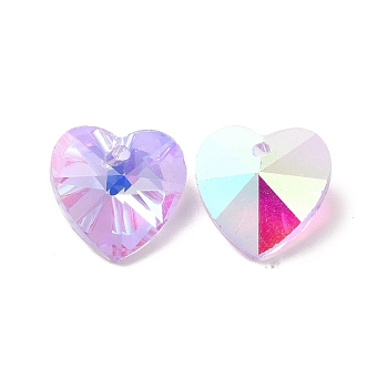 Glass Pendants, Heart, Great For Mother's Day Bracelet Making, Faceted, Violet, AB Color Plated, 14mmx7~8mm, hole: 1mm