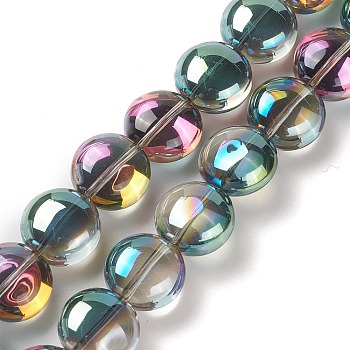 Transparent Electroplate Glass Bead Strands, Half Rainbow Plated, Flat Round, Colorful, 12x8mm, Hole: 1.2mm, about 50pcs/strand, 24.41''(62cm)