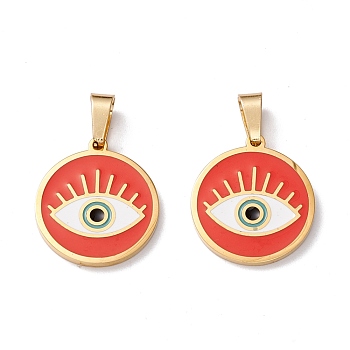 Ion Plating(IP) 304 Stainless Steel Enamel Pendants, Flat Round with Eye, Golden, 17x15x1.5mm, Hole: 5X3mm