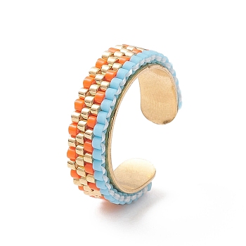 Glass Seed Beaded Open Cuff Rings, Golden Stainless Steel Jewelry, Colorful, Inner Diameter: 17mm