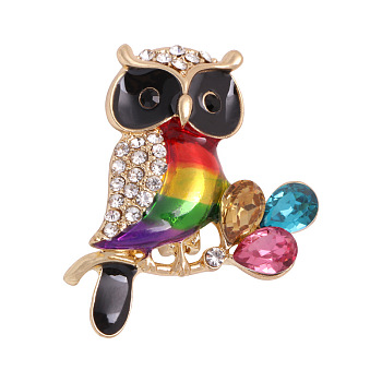 Alloy Resin Rhinestone Safety Brooches, Enamel Pin, Owl, Colorful, 33x30mm