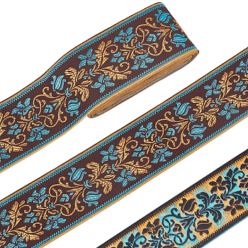 Ethnic style Embroidery Polyester Ribbons, Jacquard Ribbon, Garment Accessories, Single Face Floral Pattern, Coconut Brown, 2-3/8 inch(60mm), about 5.47 Yards(5m)/Bundle