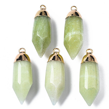 Natural White Jade Pendants, with Light Gold Brass Loop, Dyed, Bullet, Olive Drab, 35x12x12mm, Hole: 2mm