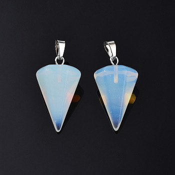 Cone/Spike/Pendulum Opalite Stone Pendants, with Platinum Plated Iron Findings, 25~27x14x14mm, Hole: 6x3mm