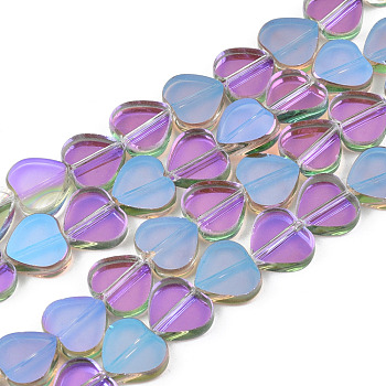 Transparent Electroplate Glass Beads Strands, Half Plated, Heart, Medium Orchid, 9.5x10.5x3mm, Hole: 0.8mm, about 60pcs/strand, 21.65 inch(55cm)