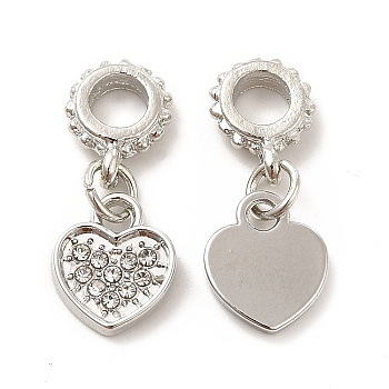 Rack Plating Alloy Rhinestone European Dangle Charms, Large Hole Charms, Heart, Platinum, Crystal, 23mm, Heart: 11.6x10x1.6mm, Hole: 4.5mm