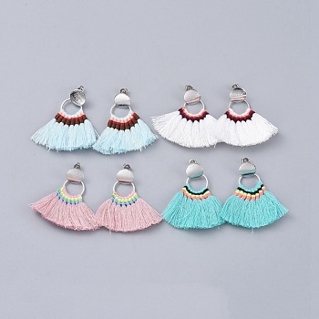 Polycotton(Polyester Cotton) Tassel Dangle Earrings, with Brass Ear Stud Findings and Ear Nuts, Platinum, Mixed Color, 50.5mm, Pin: 0.6mm