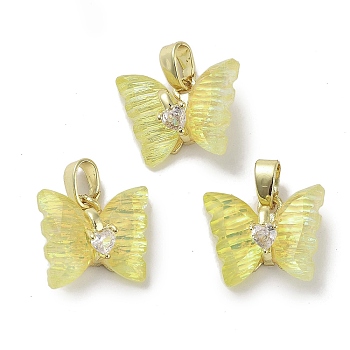 Real 18K Gold Plated Rack Plating Brass Micro Pave Cubic Zirconia Pendants, with Resin, Long-Lasting Plated, Cadmium Free & Lead Free, Butterfly, Yellow, 11.5x14.5x6mm, Hole: 2.6x5mm
