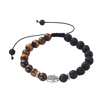 Adjustable Hamsa Hand /Hand of Miriam Braided Bead Bracelets, with Natural Lava Rock & Tiger Eye Beads
, Antique Silver, 2-3/8~3-5/8 inch(59~93mm)