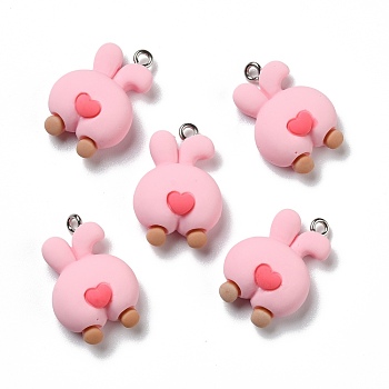 Opaque Resin Pendants, with Platinum Tone Iron Loops, Rabbit Butt, Pearl Pink, 25x17x9mm, Hole: 2mm