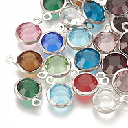 Glass Charms, with 304 Stainless Steel Finding, Flat Round, Faceted, Stainless Steel Color, Mixed Color, 12x8.5x4mm, Hole: 1.5mm(X-GLAA-S171-002)