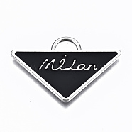 Alloy Enamel Pendants, Triangle with Word Milan, Cadmium Free & Lead Free, Platinum, Black, 23.5x36x2mm, Hole: 3.5x6mm(PALLOY-T067-204P-1-RS)