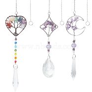 3Pcs 3 Style Chakra Theme Gemstone Pendant Decoration, Hanging Suncatcher, with Brass/Stainless Steel Rings and Rhombus/Moon/Heart Alloy Frame, Bullet & Teardrop, Mixed Color, 391~430x2mm, Hole: 10mm, 1pc/style(AJEW-SC0001-52)