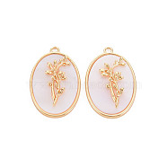 Brass Birth Floral Pendants, Oval with Flower Mother of Pearl White Shell Charms, Nickel Free, Real 18K Gold Plated, December Holly, 27x18x4mm, Hole: 1.8mm(KK-S364-294)