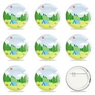 Tinplate Brooch, with Plastic Bottom & Iron Pin, Flat Round, Colorful, Tree Pattern, 58x4mm, 9pcs/set(JEWB-WH0012-019)