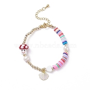 Alloy Enamel Shell Charm Bracelet, Natural Pearl & Polymer Clay & Lampwork Mushroom Bracelet for Women, Colorful, 7-3/8 inch(18.65cm)(BJEW-TA00086)