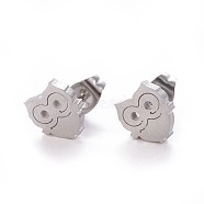 304 Stainless Steel Stud Earrings, Hypoallergenic Earrings, with Ear Nuts/Earring Back, Owl, Stainless Steel Color, 8.5x7.8mm, Pin: 0.8mm(X-EJEW-F227-17P)