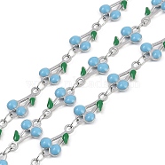 304 Stainless Steel Enamel Cherry Link Chains, with Spool, Soldered, Stainless Steel Color, Light Sky Blue, 13x7.5x2.5mm(CHS-M007-01P-01)