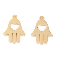 201 Stainless Steel Pendants, Manual Polishing, Hamsa Hand/Hand of Miriam with Heart Vacuum Plating , Real 18K Gold Plated, 18x12x1.5mm, Hole: 1.2mm(STAS-F231-056G)