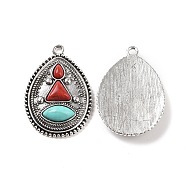 Alloy Pendants, Teardrop Charms, with Dyed Synthetic Turquoise, Antique Silver, 36.5x25x5mm, Hole: 2.5mm(FIND-C026-10AS)