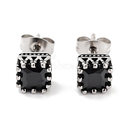 Square 316 Surgical Stainless Steel Pave Cubic Zirconia Stud Earrings for Women Men, Antique Silver, Black, 6.5x6mm(EJEW-Z050-05B-AS)