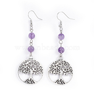 Tibetan Style Alloy Dangle Earrings, with Natural Amethyst Beads and Iron Earring Hooks, Flat Round with Tree of Life, 71.5mm, Pin: 0.6mm(EJEW-JE03299-03)