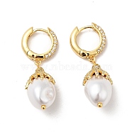 ABS Imitation Pearls Drop Dangle Hoop Earrings with Clear Cubic Zirconia, Real 18K Gold Plated Brass Jewelry for Women, Real 18K Gold Plated, 38.5mm, Pin: 0.8mm(EJEW-F288-02D)
