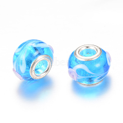 Rondelle Lampwork Large Hole European Beads, with Silver Color Plated Brass Cores, Dodger Blue, 13~14x10~11mm, Hole: 5mm(LPDL-R003-01E)