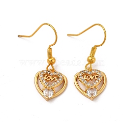 Rack Plating Brass Micro Pave Cubic Zirconia Dangle Earrings, Long-Lasting Plated Heart with Word Love Jewelry for Women, Cadmium Free & Lead Free, Real 18K Gold Plated, 29.5mm, Pin: 0.7mm(EJEW-P221-33G)