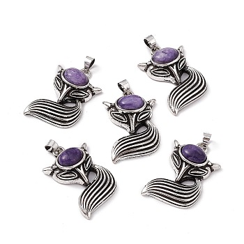 Natural Charoite Pendants, Fox Charms, with Antique Silver Color Brass Findings, 29x19x8mm, Hole: 4~5x3.5mm
