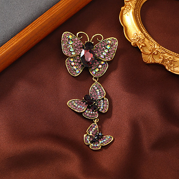 Creative Long Alloy Triple Butterfly Brooch, Rhinestone Retro Insect Brooch, for Ceremony Banquet Suit Accessory, Amethyst, 110x52mm
