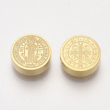 Vacuum Plating 304 Stainless Steel Beads, Flat Round with Saint Benedict Medal, Golden, 7.5x3mm, Hole: 2mm